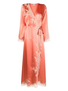 peach pink silk satin finish lace detailing V-neck wrap design side tie fastening long length Fancy Robes, Pretty Robes, Designer Loungewear, Carine Gilson, Bridal Pajamas, Satin Nightwear, Silk Robes, Satin Kimono, Planet People