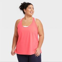 Nwt Women's Plus Size Skinny Racerback Tank Top - All In Motion - Coral Orange - Size 2x Pink Scoop Neck Activewear For Spring, Summer Pink Scoop Neck Activewear, Pink Tank Activewear For Spring, Pink Scoop Neck Tank Top For Gym, Pink Scoop Neck Gym Top, All In Motion, Coral Orange, Workout Outfit, Hem Style