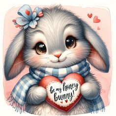 a painting of a bunny holding a heart with the words be my honey on it