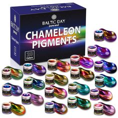 a box of chamelon pigments in various colors and sizes, all with their lids open