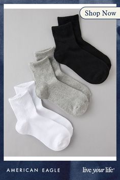 Made from a soft cotton blend/4.5" height hits a few inches above the ankle/Ribbed cuffs/3-pack Trendy Socks Women, American Eagle Socks, Boyfriend Socks, White Jeans Men, Trendy Socks, Aerie Bras, Athletic Fit Jeans, Dream Jeans, Xmas List