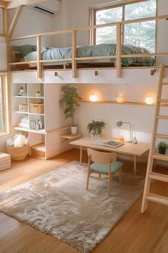 a loft bed with desk underneath and ladder to the upper level in a small room