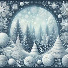 a painting of christmas trees and snowflakes