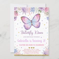 a birthday card with a pink butterfly and purple flowers on the front, in gold foil