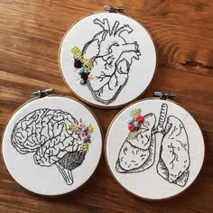 three embroidery hoops with drawings of the human heart and brain on them sitting on a wooden surface