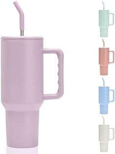 an image of a cup with a straw in it and four different colored mugs