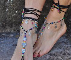 This listing is for one anklet. Beautiful macrame anklet. You can wear it alone or in combination with the barefoot sandals available in my shop (picture 1, 3 and 6) https://www.etsy.com/listing/218100733 This anklet is made with waxed polyester cord, tibetan silver beads, tibetan silver leaf charms and achira seed beads. They close with a lobster claw and on the other side a small chain allows to adjust the length of the anklet. The anklet comes in a beautiful silk pouch. This anklet is made to Bohemian Black Bracelets For Beach, Bohemian Black Anklets For Party, Black Bohemian Anklets For Party, Silver Bohemian Anklets For Beach Season, Black Hippie Bracelets For Festival, Hippie Black Bracelets For Festivals, Adjustable Ankle Wrap Anklet For Beach Season, Summer Party Ankle Wrap Bracelet, Black Beach Bracelets For Summer