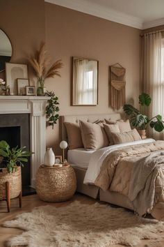 a bedroom with a bed, mirror and plants in the corner on top of it