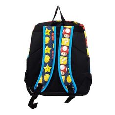 a back pack with cartoon characters on the front and side panels, two straps at the bottom