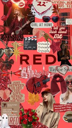 a collage of red images and words