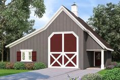 a rendering of a barn style house with red shutters