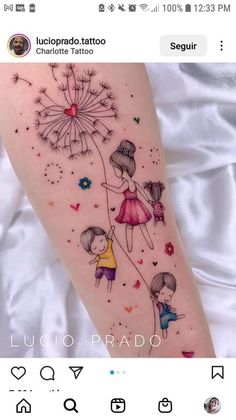 a girl and her friend are flying on a dandelion tattoo