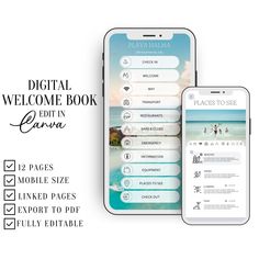 the digital welcome book is displayed next to an iphone and tablet screen with information about it