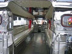 the interior of a bus with chrome paint