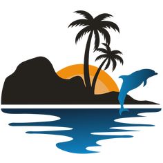 a dolphin jumping out of the water with palm trees in the background and an orange sun behind it