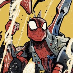 a spider - man is holding his guitar in the air