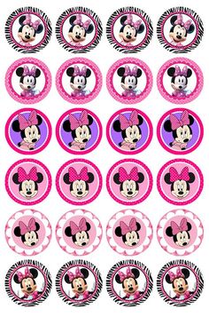 mickey and minnie mouse cupcake toppers with pink polka dots on the bottom, set of