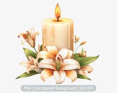 a candle with flowers and leaves around it on a white background for the text png transparent background