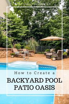 a backyard pool with chairs and an umbrella