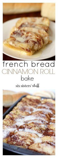 french bread cinnamon roll bake on a white plate with pink polka dot border and text overlay