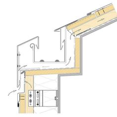 an overhead view of a kitchen with sink, stove and countertop space in the center