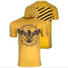 Howitzer Style Men's T-Shirt Liberty Eagles Military Grunt Mfg Brand: Howitzer Color: Mustard Style: Liberty Eagles/ Cv4558 / Must Material: 100% Cotton Detail: 5% Of Our Proceeds Benefit The American Heroes Who Sacrifice To Protect Us: Join The Cause To Help Veterans And First Responders. A Portion Of Each Sale Goes Back To Charities And Non-Profits: Wishes For Warriors, Rise Above Hardship, National Law Enforcement Memorial Fund, And National Fallen Firefighters Foundation. With Respect, Honor Yellow Sports T-shirt With Logo Print, Yellow Sports T-shirt With Logo, Yellow Graphic Print Sports T-shirt, Yellow Graphic Tee For Sports, Yellow Cotton Sports T-shirt, Clothing Manufacturing, Affliction Men, First Responders, Rise Above