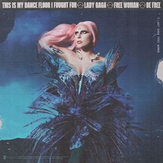 lady with pink hair and blue feathers in front of the words, chromtica has debuttered at 1 on billboard 200 becoming gaga's sixth album