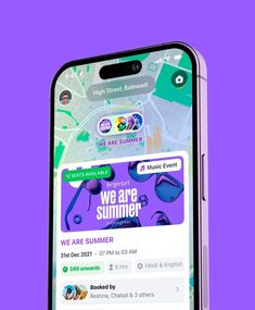 an iphone with the we are summer app displayed on it's screen, in front of a purple background