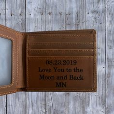 This personalized leather wallet is the perfect gift for your husband or Boyfriend. Our custom wallet with name and anniversary date can also feature a special message for your Spouse or boyfriend. It's a unique Christmas gift idea for Men.  𝐃𝐄𝐓𝐀𝐈𝐋𝐒  🪪 Custom Laser Engraving: Personalize with a name or initials for a unique, one-of-a-kind accessory. 🪪 Cash Compartment: A dedicated space for your cash, keeping it secure and neatly arranged. 🪪Multiple Card Slots: Plenty of space to keep your cards organized and easily accessible. 🪪 High-Quality Genuine Leather: Made from premium leather 𝐇𝐎𝐖 𝐓𝐎 𝐎𝐑𝐃𝐄𝐑 1. Enter the personalized name and message you would like on the Wallet in the personalization text box  2. Add to Cart  3. Select Desired Shipping Method  𝐒𝐇𝐈𝐏𝐏𝐈𝐍𝐆 ? Wallet For Boyfriend, Birthday Presents For Him, Personalized Leather Wallet, Present For Him, Unique Christmas Gift, Custom Wallet, Anniversary Dates, Card Organizer, Presents For Him