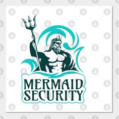 the logo for mermaid security, which features a man with a spear in his hand