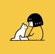 a drawing of a person with a helmet on and a cat sitting in front of them