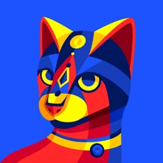 a colorful cat with yellow eyes on a blue and red background is featured in the image