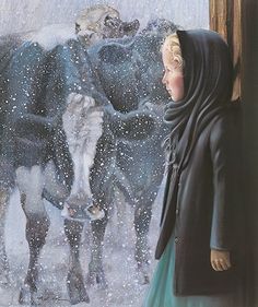 a painting of a woman standing in front of cows with snow falling all over her