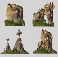 four different views of a castle on top of a rock formation with trees and mountains in the background