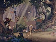 an animated scene with deers and birds in the woods, surrounded by large trees