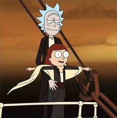 rick and mort standing on the deck of a boat in front of an orange sky