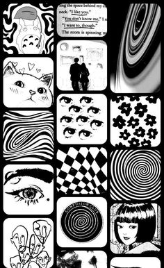 some black and white pictures with different designs on them, including an image of a woman's face