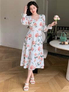 Burnt Orange Elegant Collar Long Sleeve Fabric Floral,Plants,All Over Print A Line Embellished Non-Stretch  Women Clothing Sweetheart Neckline Long Sleeve, Function Dresses, Cute Dress Outfits, Fabric Floral, Women Midi, Fashion Gallery, Summer Floral, Fashion Styles