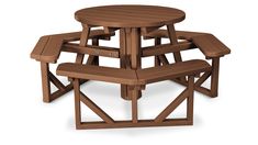 the picnic table is made from wood and has four benches on each side, with one bench at the top