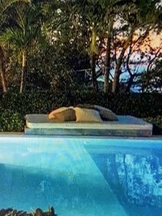 an empty swimming pool in front of some trees and bushes with the sun shining on it