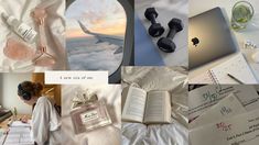 a collage of photos with an open book, laptop and perfume bottles on it