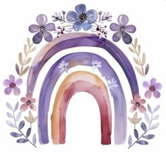 a watercolor painting of a rainbow with flowers and leaves on it's side