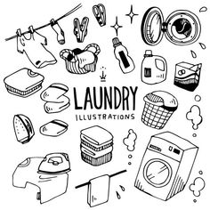 hand drawn laundry illustrations on white background stock photo, images and clippings in black and