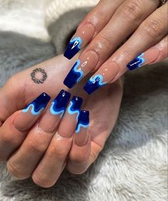 Electric Blue Nails Acrylic Design, Trendy Dark Blue Nails, Blue Fire Nails Designs, Blue Black And White Nails Acrylic, Acrylic Nails Fire Design, Blue Drip Nails, Dark Blue Flame Nails, Indigo Acrylic Nails, Royal Blue And Light Blue Nails