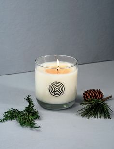 a white candle sitting on top of a table next to a pine cone