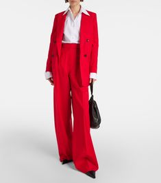 Rimini virgin wool wide-leg pants in red - Max Mara | Mytheresa Wide Leg Wool Dress Pants For Office, Chic Wool Pantsuit With Notch Lapel, Wool Suits With Straight Pants For Work, Elegant Pants With Button Closure And Straight Hem, Wool Pantsuit With Welt Pockets For Tailoring, Chic Formal Dress Pants With Button Closure, Formal High-waisted Pants With Button Cuffs, High-waisted Wide Leg Pants With Button Cuffs For Work, Formal Wool Wide-leg Pants