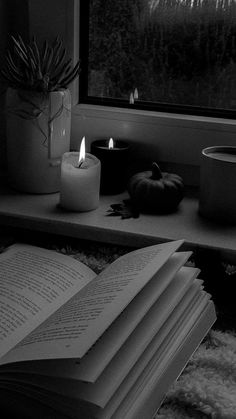 an open book sitting on top of a table next to a candle and potted plant