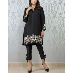 ✨This beautiful black dress has long floral multi colour embroidery on hem line and sleeves with beautiful straight pant,black chiffon dupatta with scallop on all four sides ✨You can wear this beautiful dress at party, wedding guest outfit or festival. ✨If you want any changes in the outfit please contact us we will guide you as per your preference. ✨We assure you that we use only high quality fabric and threads to make any dress and you won't face any problem regarding fabric. ✨We take little l Elegant Lawn Suit With Long Embroidered Sleeves, Elegant Lawn Suit With Embroidered Long Sleeves, Black Dabka Designer Palazzo Set, Black Palazzo Set With Straight Kurta, Elegant Black Lawn Suit With Dabka Work, Traditional Black Lawn Suit For Spring, Black Fitted Long Sleeve Palazzo Set, Elegant Black Unstitched Suit With Straight Kurta, Black Churidar With Chikankari Embroidery And Long Sleeves