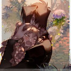 an anime character hugging another character in front of some plants and flowers on a sunny day