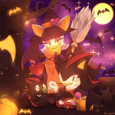 an image of a cartoon character with bats and pumpkins in the background at night